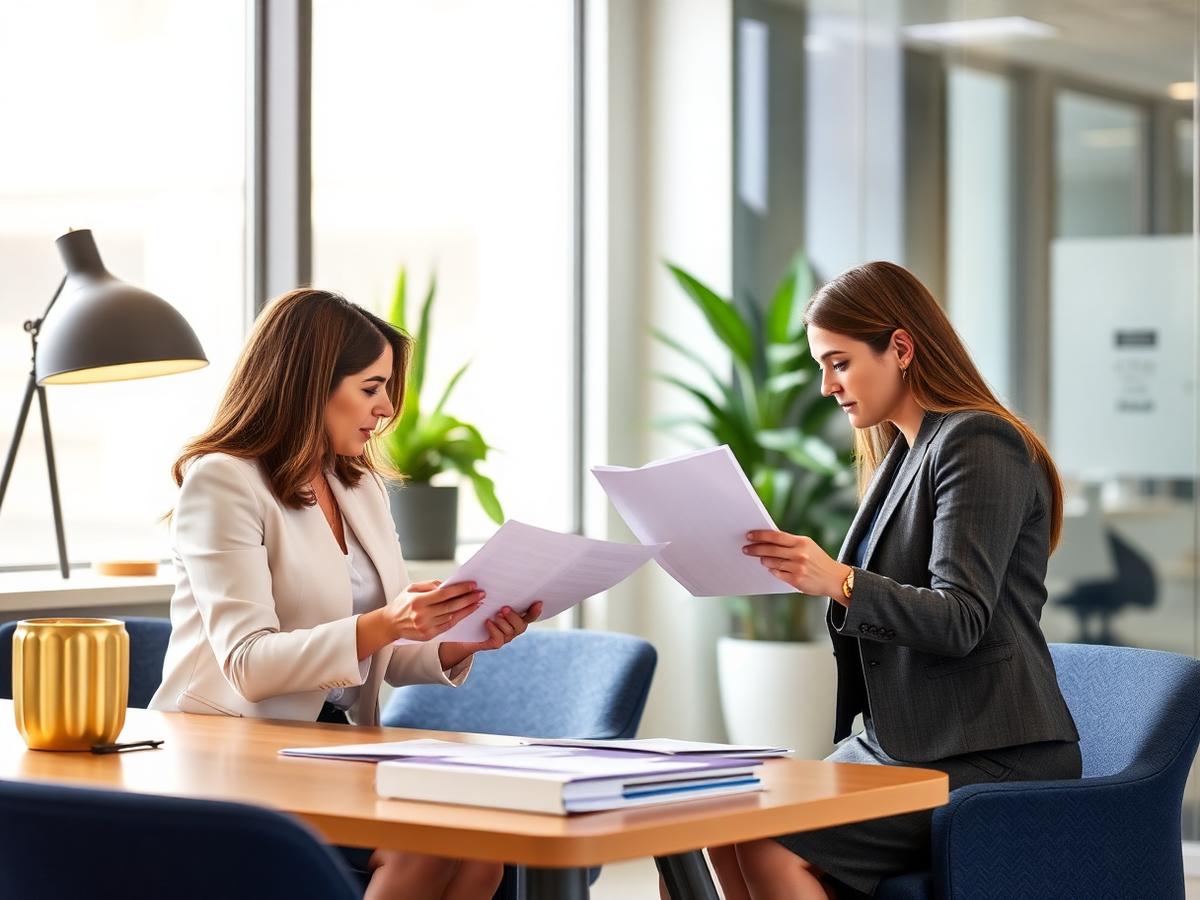 Recruitment consultants reviewing candidate documents in a bright office