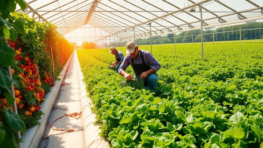 Agricultural workers harvesting produce in a greenhouse