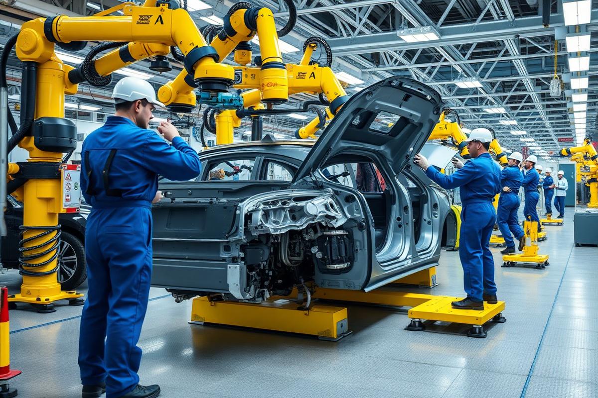 Operators assembling components on an automotive production line