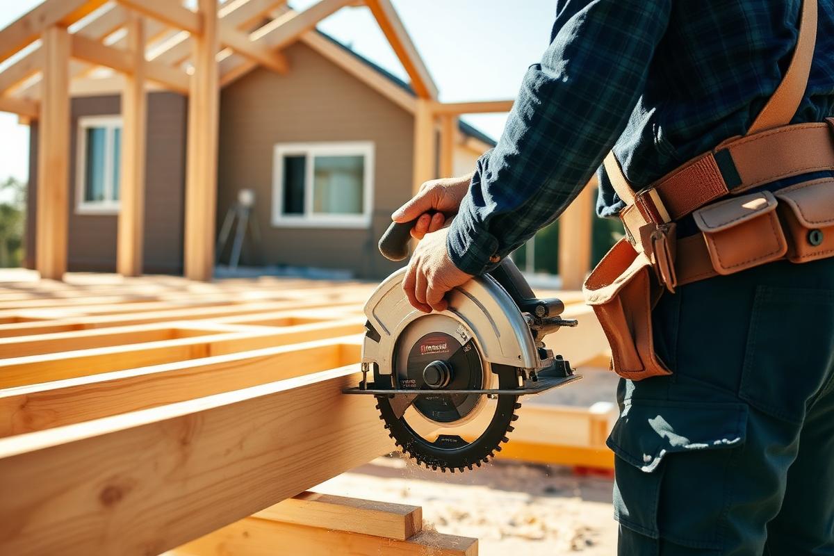 Carpenter cutting timber framing on a residential build