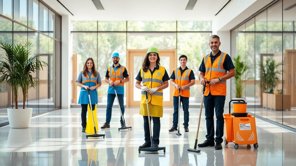 Commercial cleaning team working in a bright office lobby