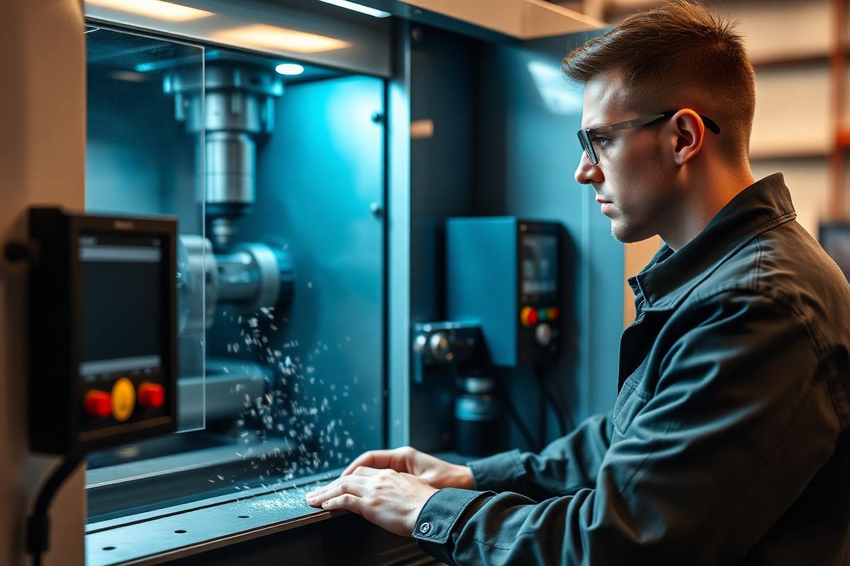 CNC machine operator setting up a computer-controlled milling machine