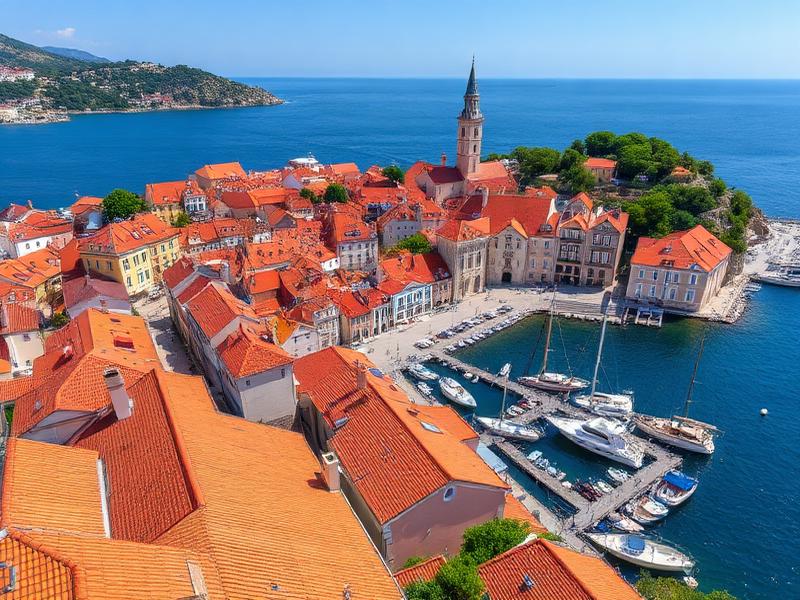 Croatian Adriatic coastal town with red rooftops and a harbour