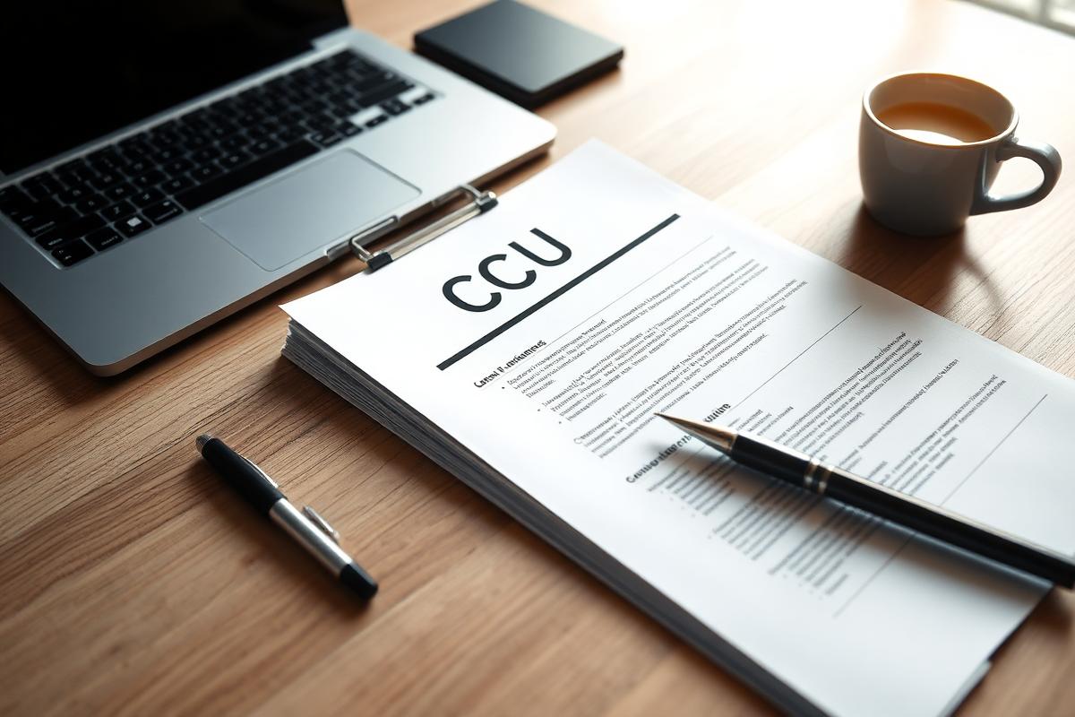 Printed CV beside a laptop on a bright office desk