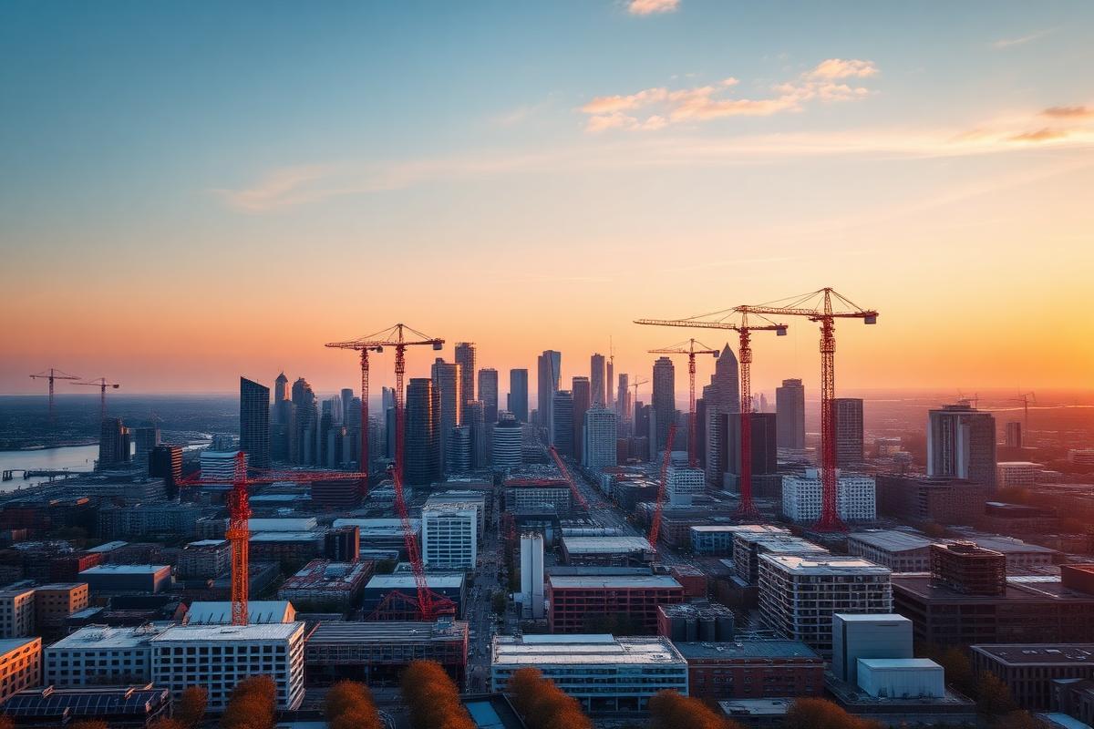 European city business district with construction cranes at sunset