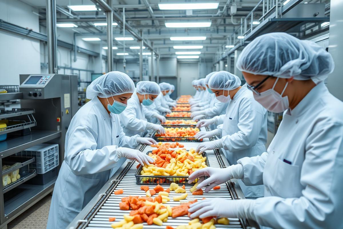 Workers on a hygienic food production and packing line