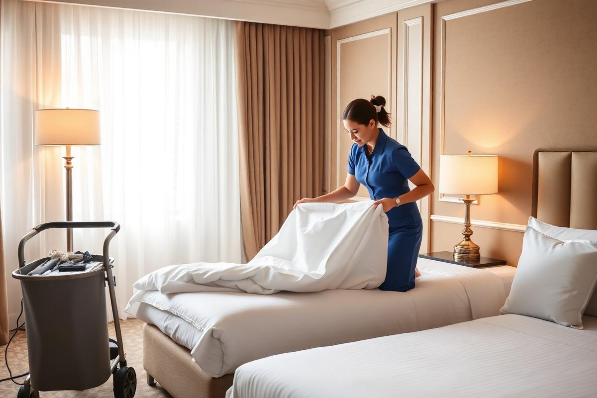 Hotel housekeeping staff preparing a guest room