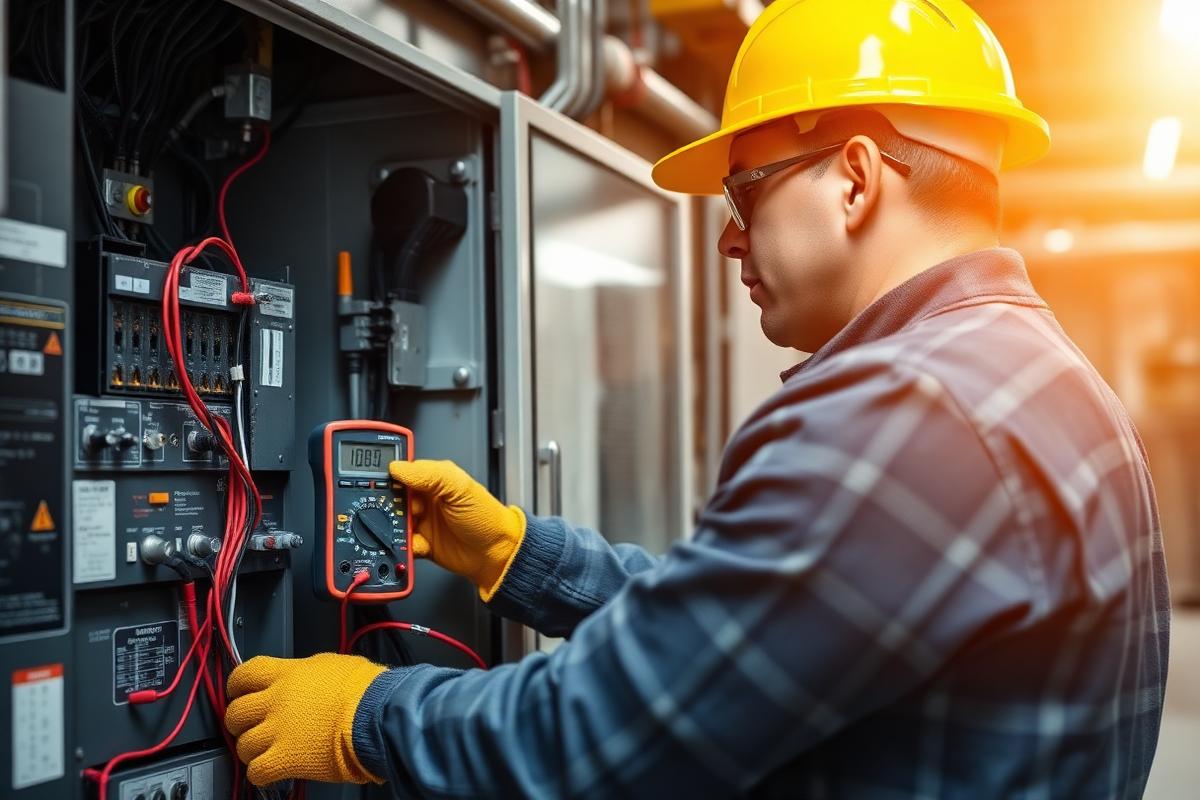 Industrial electrician testing an electrical control cabinet