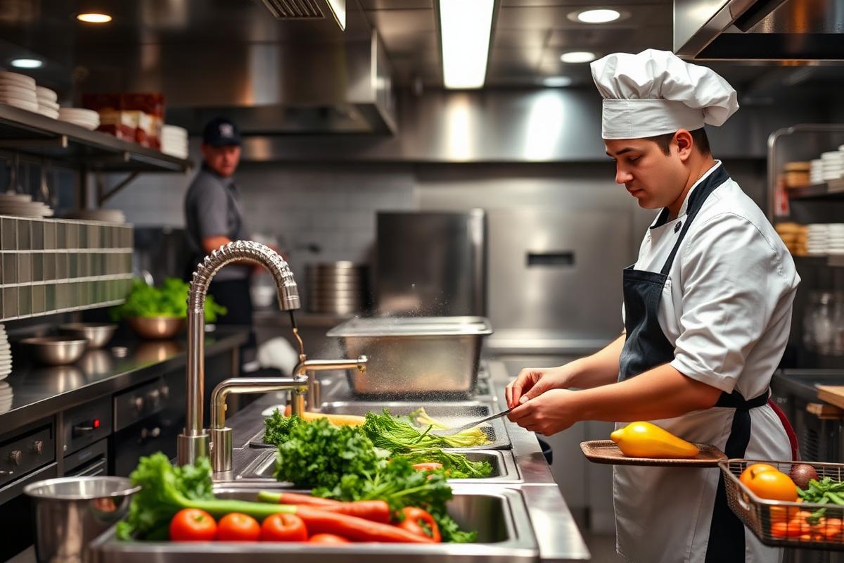 Kitchen helper preparing ingredients in a professional kitchen