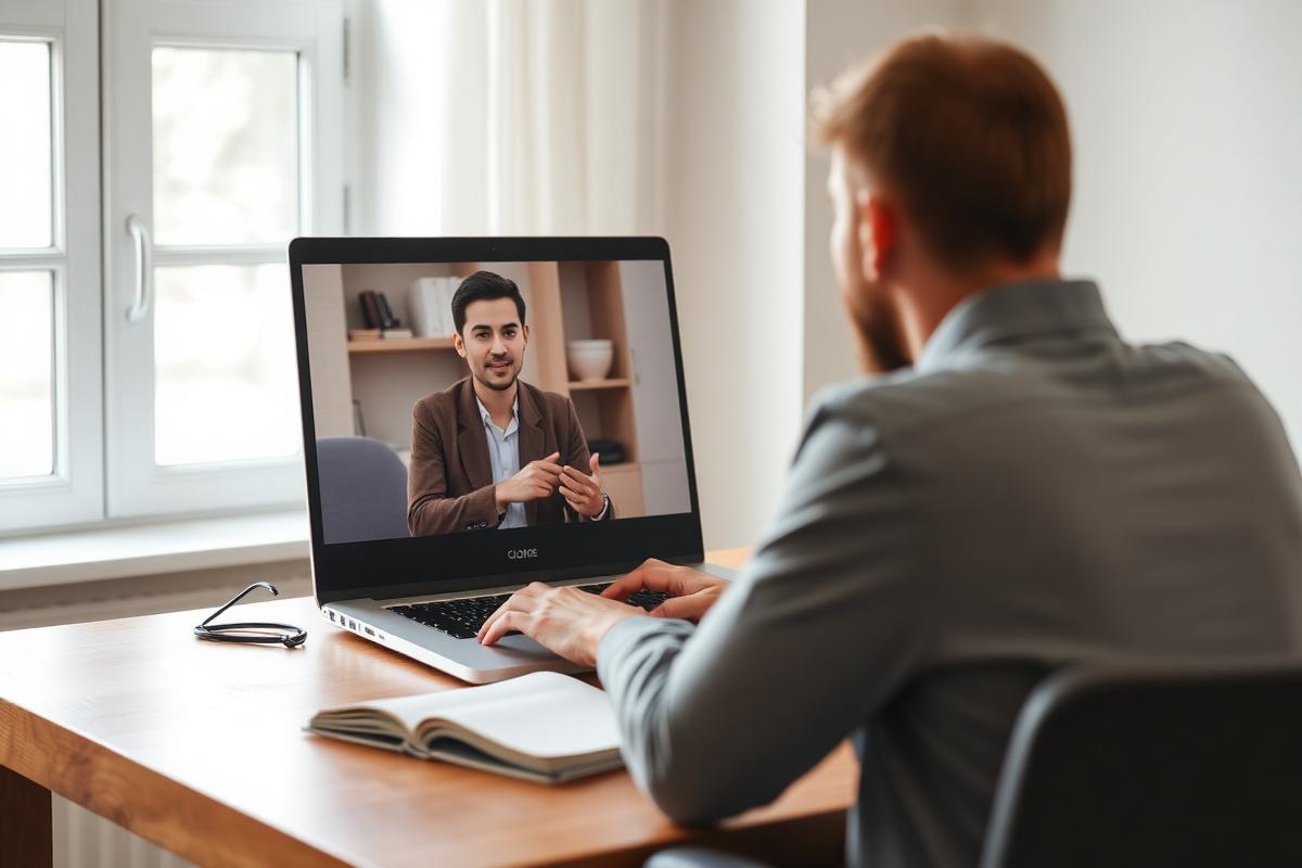 Candidate speaking with an interviewer during an online video interview