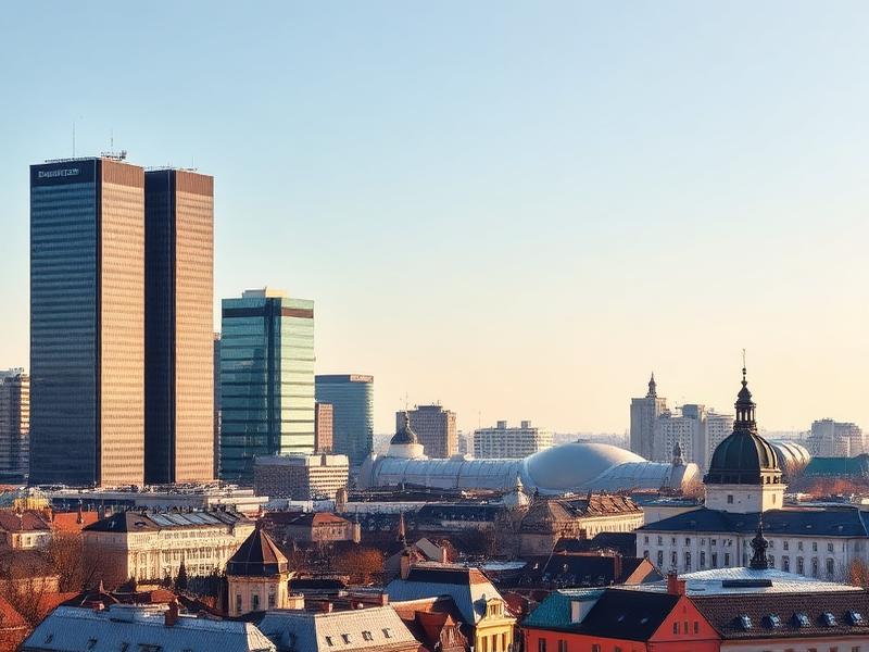 Warsaw skyline in Poland with office towers and old town rooftops