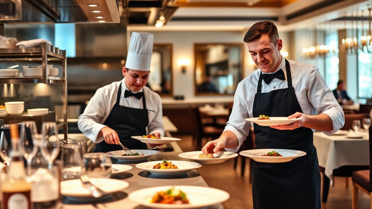 Waiter serving guests in a hotel restaurant dining room