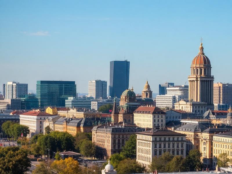 City skyline in Romania with modern offices and historic buildings