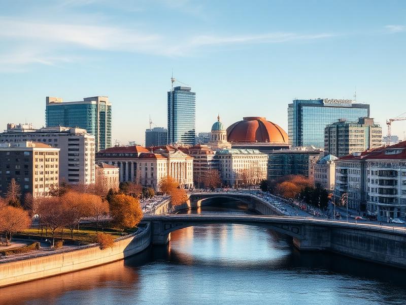 Belgrade city view in Serbia with river and modern buildings