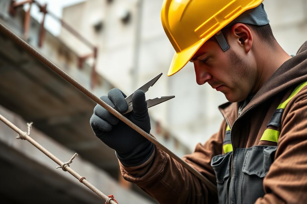 Steel fixer tying reinforcement bars on a concrete structure