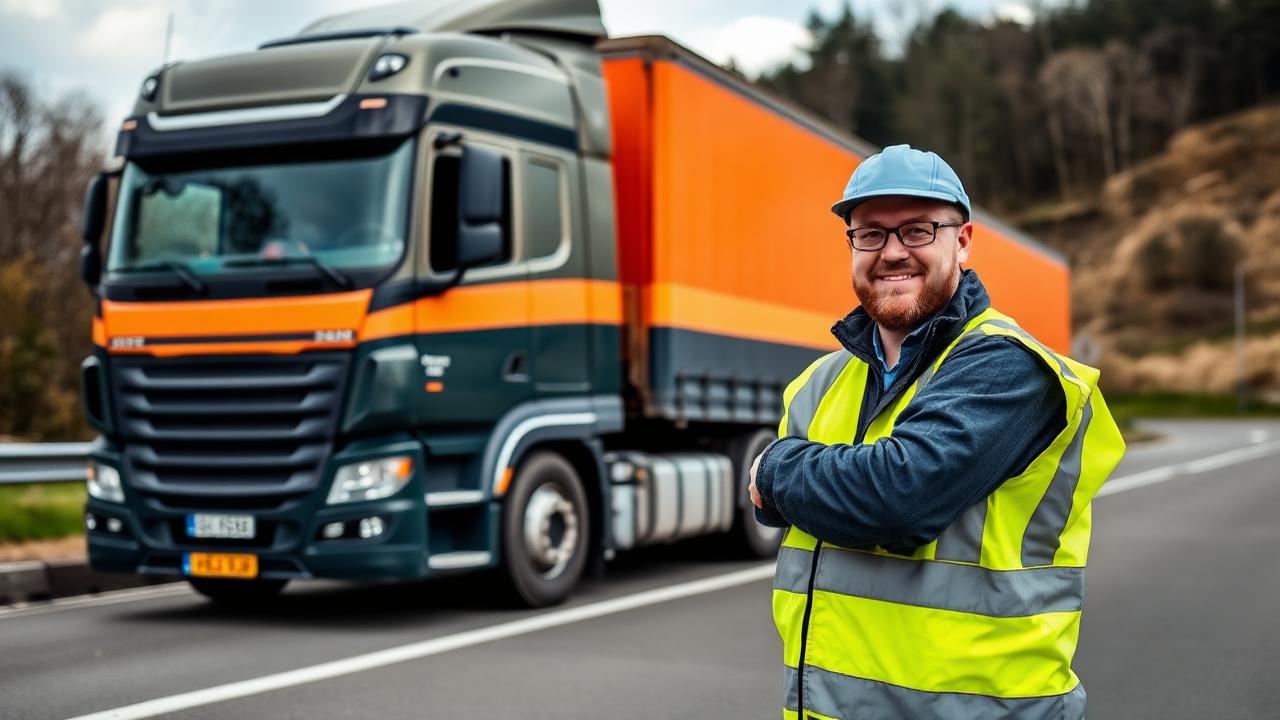 International truck driver beside a long-haul European transport truck
