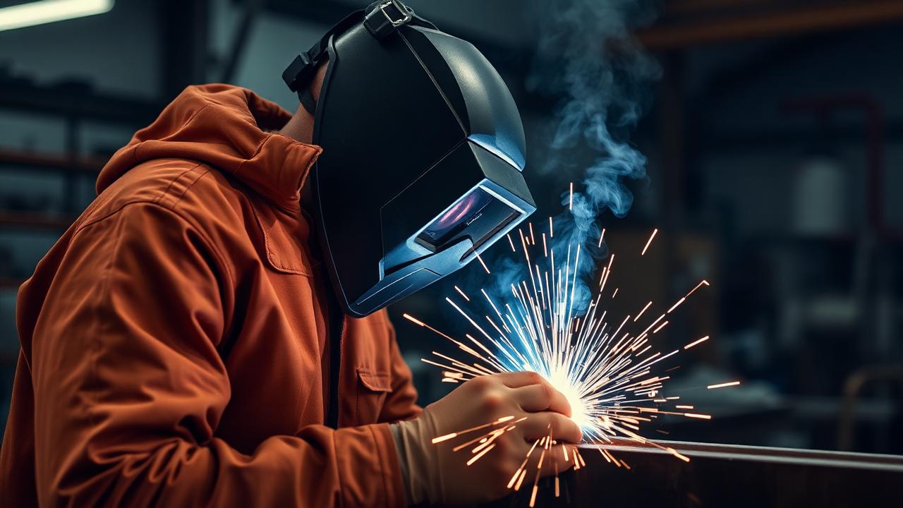 Welder joining steel with a MIG torch in a fabrication workshop